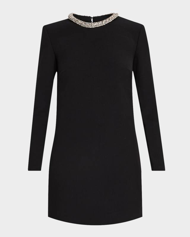 Embellished Long Sleeve Crepe Mini Dress